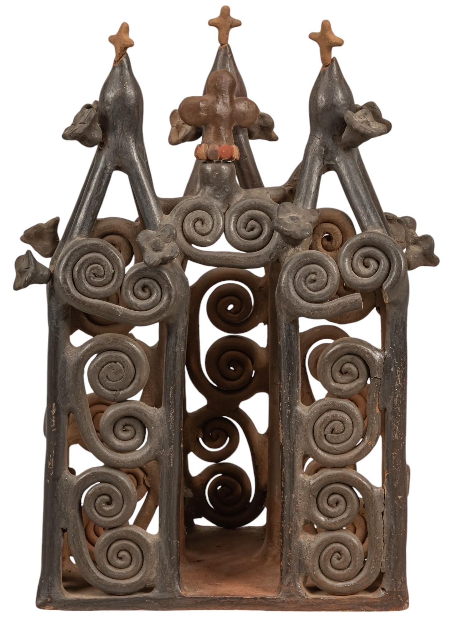 Early Black and Red Ceramic Folk Art Church (1 of 8)