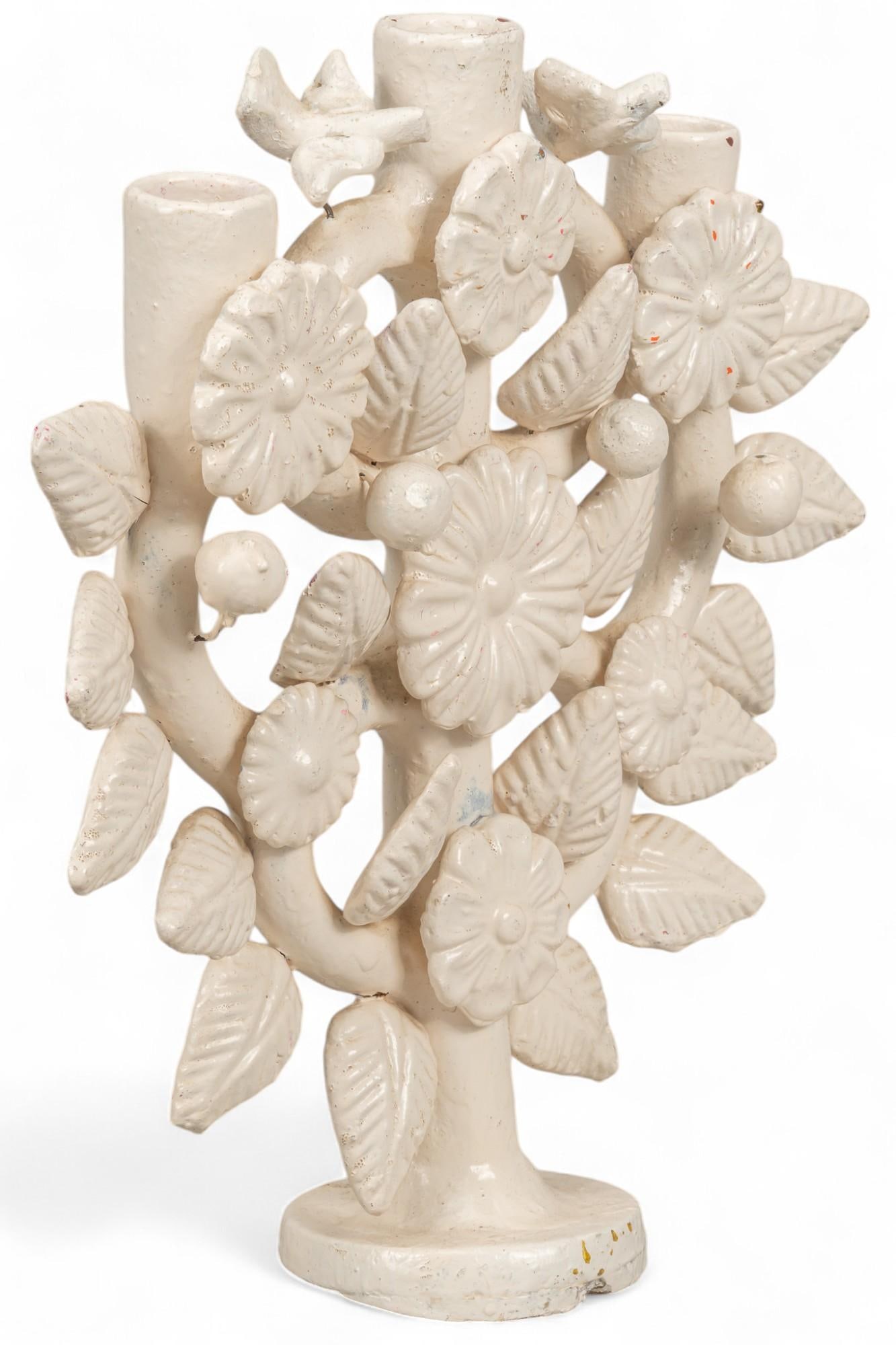 White Ceramic Tree of Life: White ceramic tree of life candelabra with bird motifs height 12 in. x width 12 in. x depth 3.75 in. Provenance: Property from the collection of a San Antonio, Texas gentleman Shipping available for t