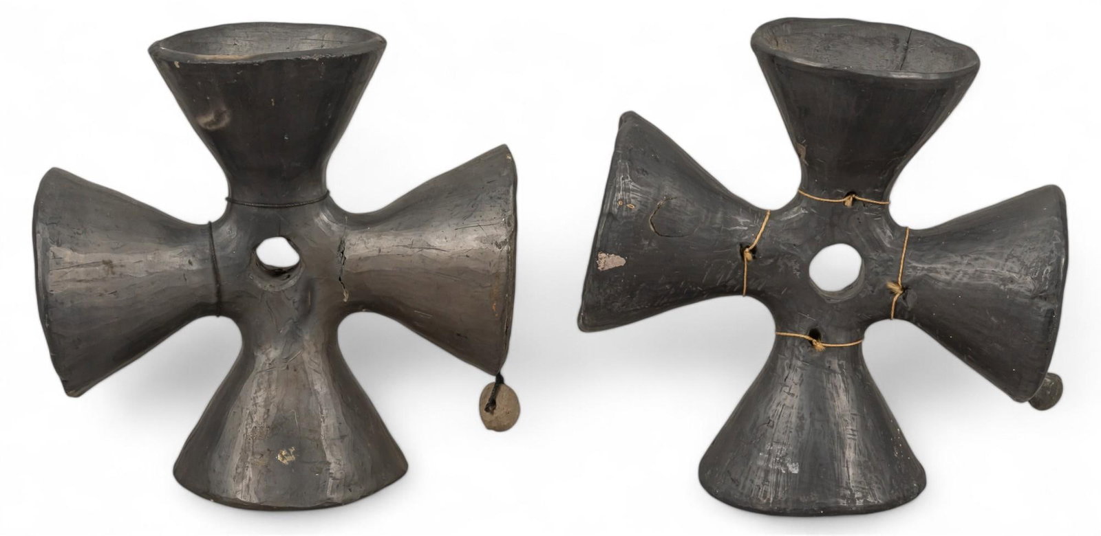 Pair of Barro Negro Wedding Bells: Pair of Barro Negro (Oaxaca, Mexico), cone shaped bells with handholds, unmarked height 6.5 in. x width 6.5 in. x depth 3.5 in. / each Shipping available for this lot through our partner 4CL; please r