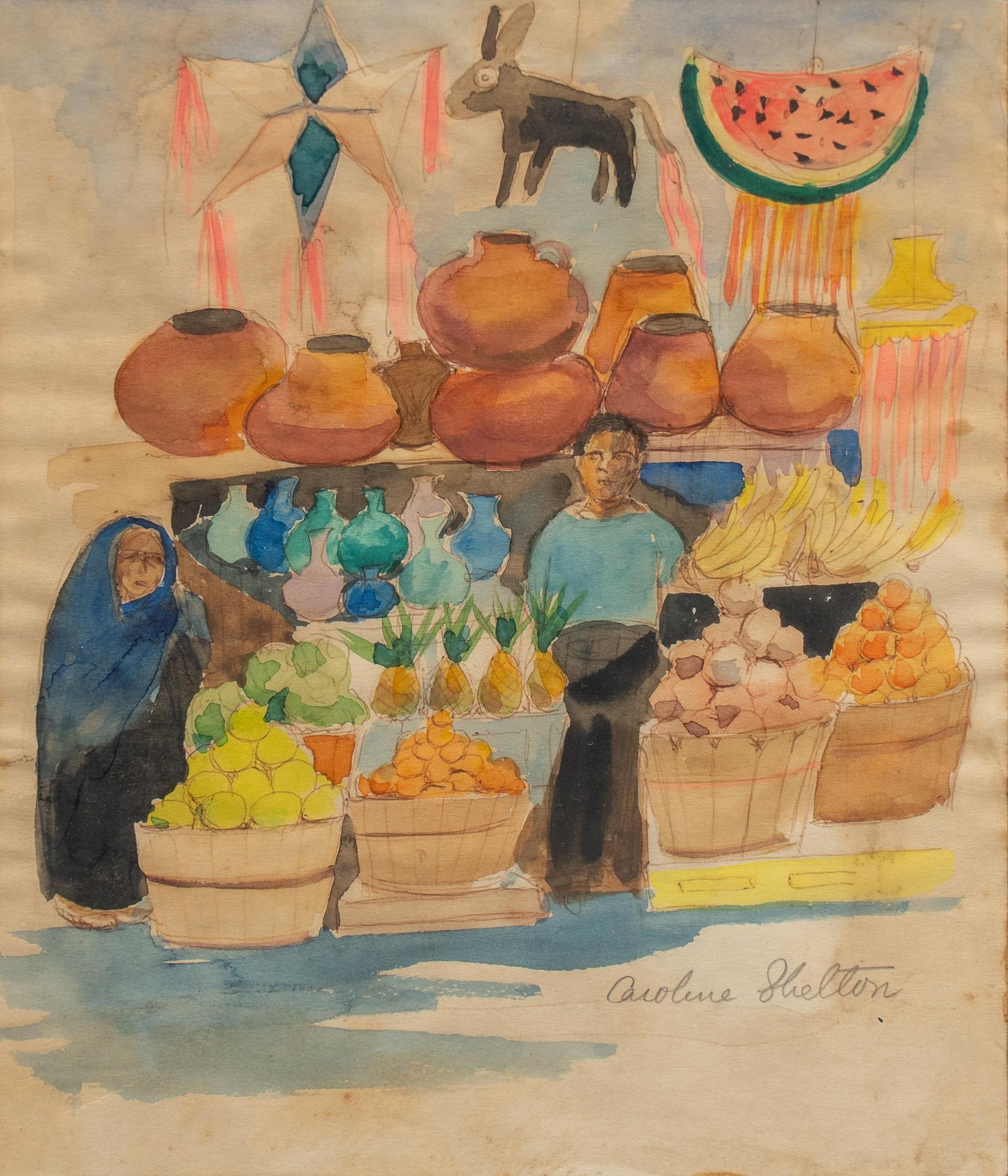 Caroline Shelton, Mexican Market Scene: Caroline Shelton (Texas, 1908-1993), Mexican market scene with pinatas, watercolor and ink on paper sight: 9.5 x 7.5 in., frame: 16 x 13 in. Shipping available for this lot through our partner 4CL; pl