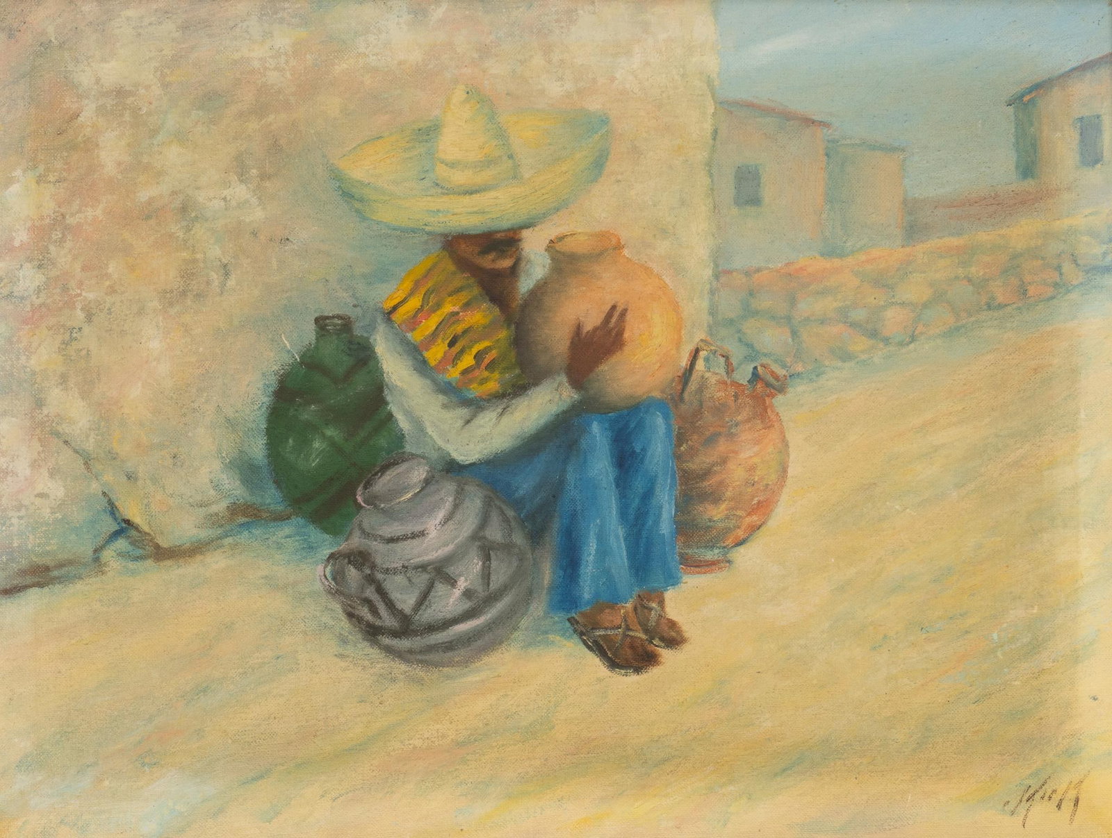 Kirk, Man with Ollas: Signed Kirk, man with ollas / jars, oil on canvas sight: 16 x 12 in. Provenance: Property from the studio of a San Antonio, Texas artist Shipping available for this lot through our partner 4CL; please