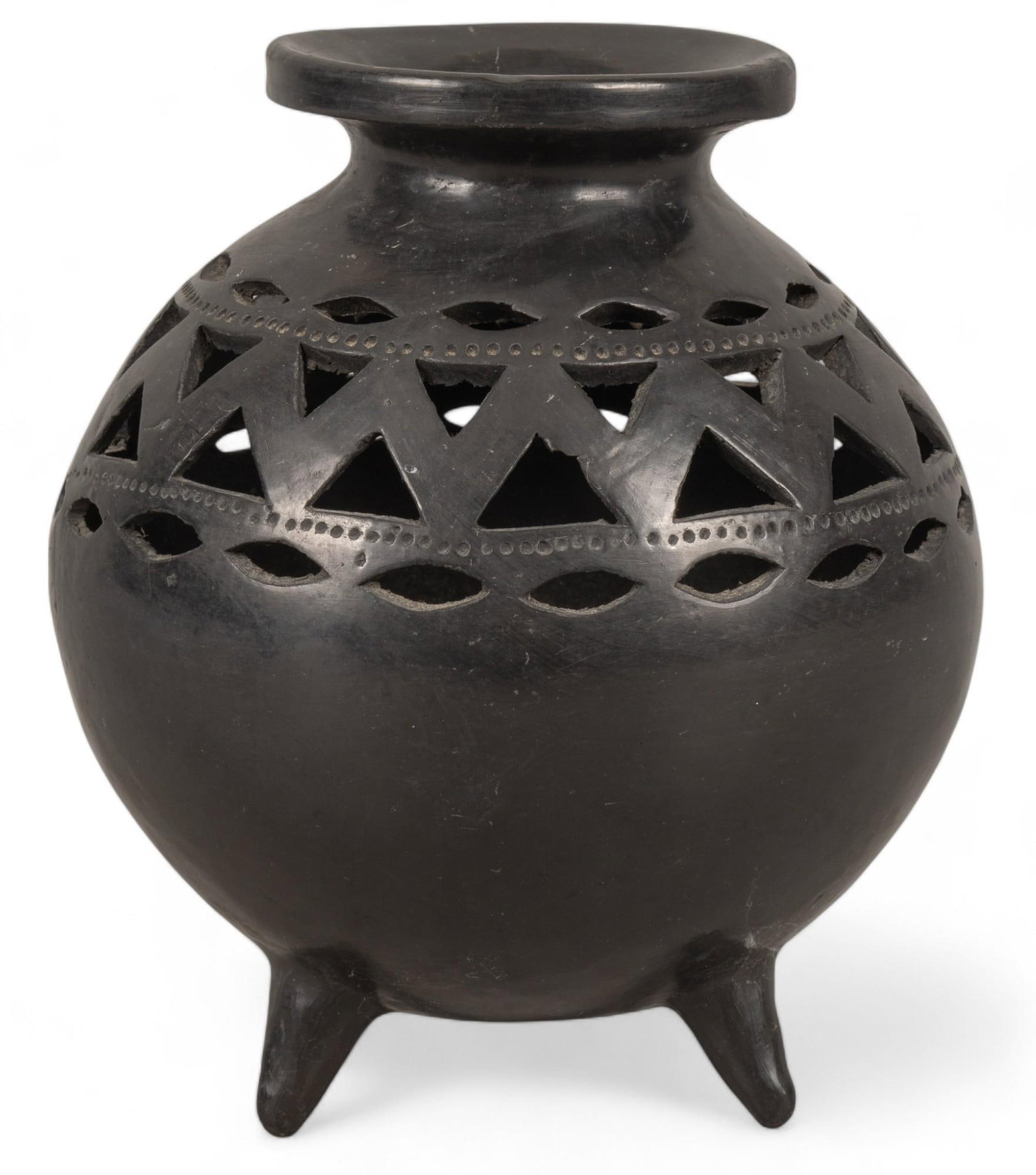 Oaxacan Barro Negro Vessel: Oaxacan barro negro vessel, with pierced border near top of vessel, on tripod legs height 9.5 in. x width 7.75 in. x depth 7.75 in. Provenance: Property from the collection of a San Antonio, Texas gen