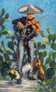 Gilbert Durán | "Cuatro Gallos": Gilbert Durán (San Antonio, Texas, 1947-2023), "Cuatro Gallos", 1995, oil on masonite panel size: 69.5 x 43 in. Artist's note: A young Mariachi surrounded by cactus serenades