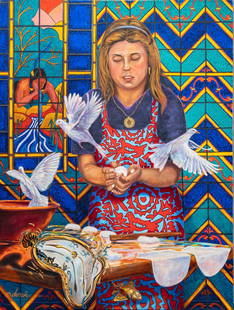 Gilbert Durán | "La Tortilleria": Gilbert Durán (San Antonio, Texas, 1947-2023),"La Tortilleria" woman making tortillas in Surrealist environment, after Salvador Dali (Spain, 1904-1989), oil on canvas size: 48 x 36