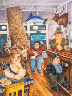 Gilbert Durán | Josephine St. Botero: Gilbert Durán (San Antonio, Texas, 1947-2023), interior scene at Josephine Street restaurant, 2007, inspired by Fernando Botero (Colombia, 1932-2023), oil on canvas size: 48 x 36 in. 