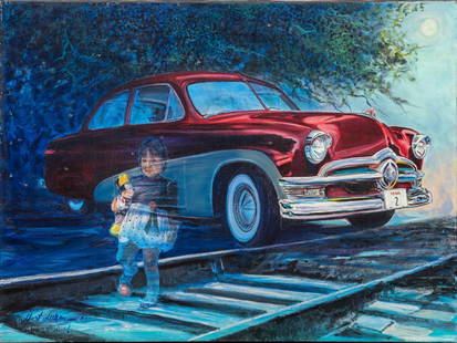Gilbert Durán | "Ghost Child": Gilbert Durán (San Antonio, Texas, 1947-2023) "Ghost Child", 1992, oil on canvas, depicting the legendary haunted tracks in San Antonio size: 30 x 40 in. Provenance: Property