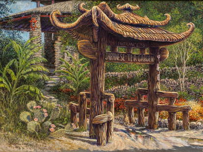 Gilbert Durán | Japanese Tea Gardens: Gilbert Durán (San Antonio, Texas, 1947-2023), the entrance of the Japanse Tea Gardens (San Antonio, Texas), 2004, oil on canvas sight: 35 x 48 in., frame: 47 x 59 in. Provenance: