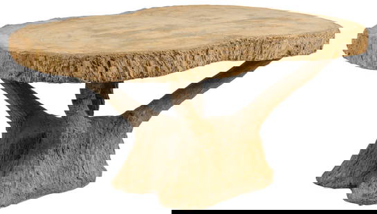 Gilbert Durán | Maximo Cortes Faux Bois Table: Faux bois garden dining table, Maximo Cortes (1903-1997, Monterrey, Mexico / San Antonio, Texas), cast solid concrete texturized with faux wood appearance, circular surface rising on tripod base 
