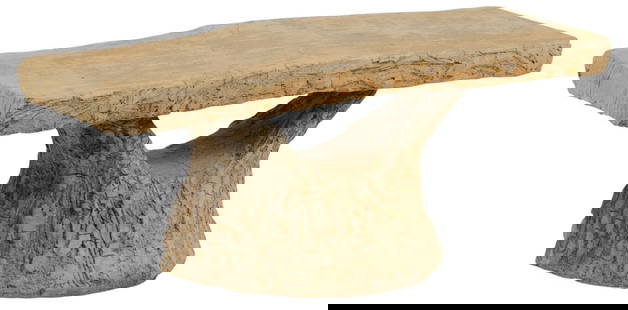 Gilbert Durán | Maximo Cortes Faux Bois Bench: Faux bois garden bench, Maximo Cortes (1903-1997, Monterrey, Mexico / San Antonio, Texas), cast solid concrete texturized with faux wood appearance, rising on stump base height 18 in. x width 50