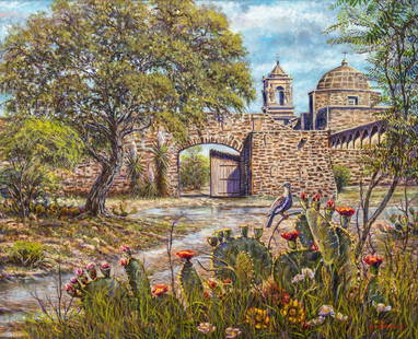 Gilbert Durán | Mission San Jose: Gilbert Durán (San Antonio, Texas, 1947-2023), view of Mission San Jose (San Antonio, Texas) with cactus, giclee print base of "Lonesome Dove" heavily overpainted by the artist, entire Mission and