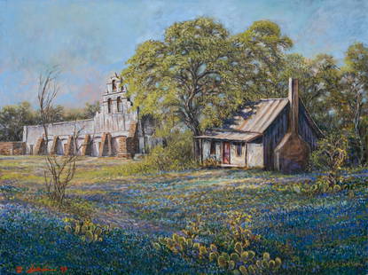 Gilbert Durán | Mission San Juan and Farmhouse: Gilbert Durán (San Antonio, Texas, 1947-2023) view of Mission San Juan and farmhouse with bluebonnets, oil on canvas size: 30 x 40 in. Provenance: Property from the Southtown San