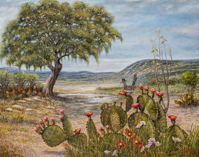 Gilbert Durán | Roadrunner in Cactus: Gilbert Durán (San Antonio, Texas, 1947-2023), landscape scene of roadrunner in cactus, 2020, oil on canvas sight: 48 x 60 in., frame: 53 x 70 in. Provenance: Property from the Southtown