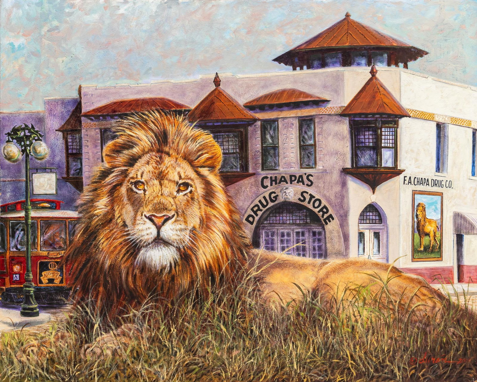 Gilbert Durán | La Botica del Leon: Gilbert Durán (San Antonio, Texas, 1947-2023), lion in repose in front of the Chapa family owned La Botica del Leon (the Lion Drugstore), later known as the Chapa Drug Store (San Antonio, Texas, 1894