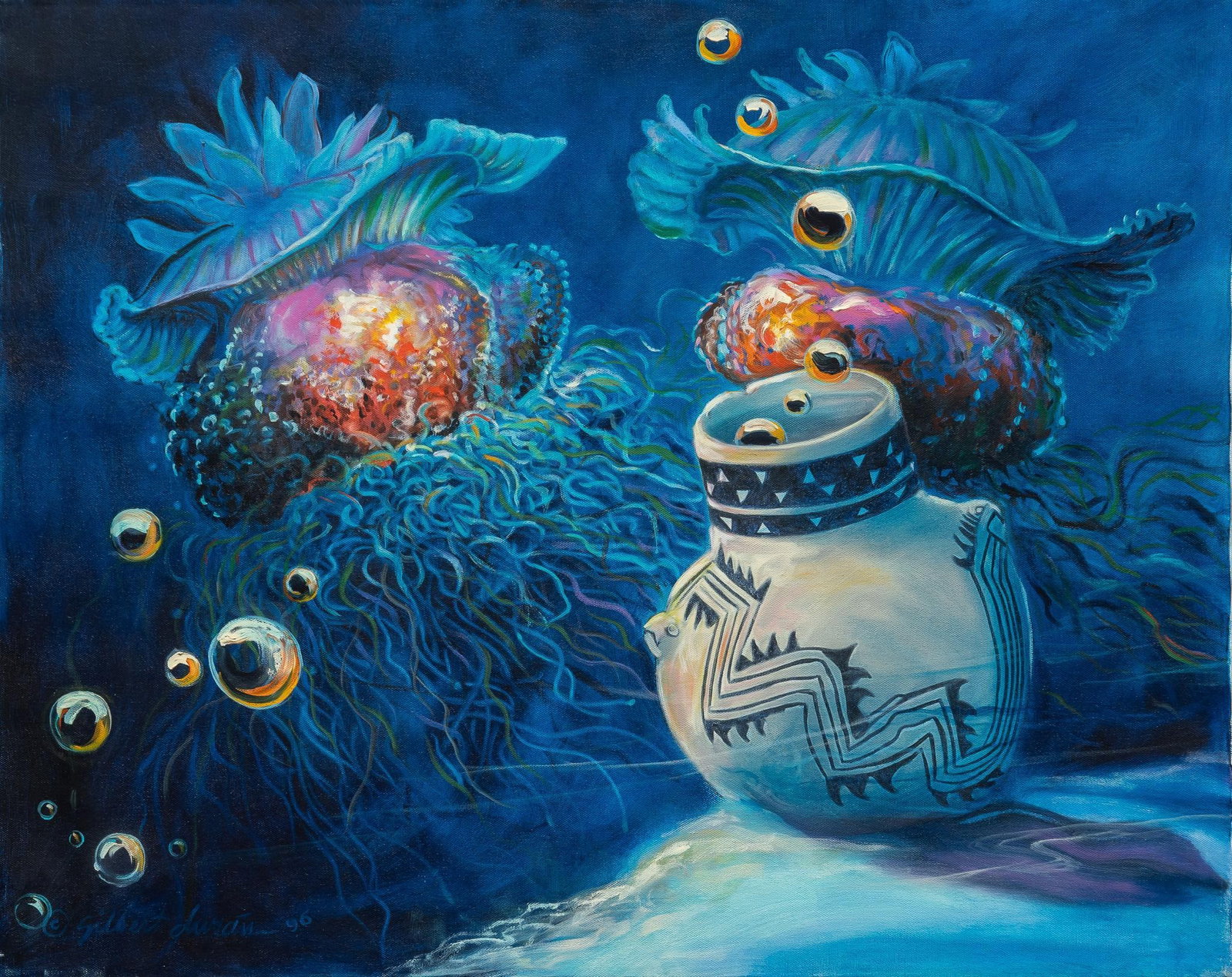 Gilbert Durán | Underwater Jellyfish and Pottery: Gilbert Durán (San Antonio, Texas, 1947-2023) underwater jellyfish and pottery, from Durán's "Atlantis Southwest" series, oil on canvas size: 24 x 30 in. Artist's note: A