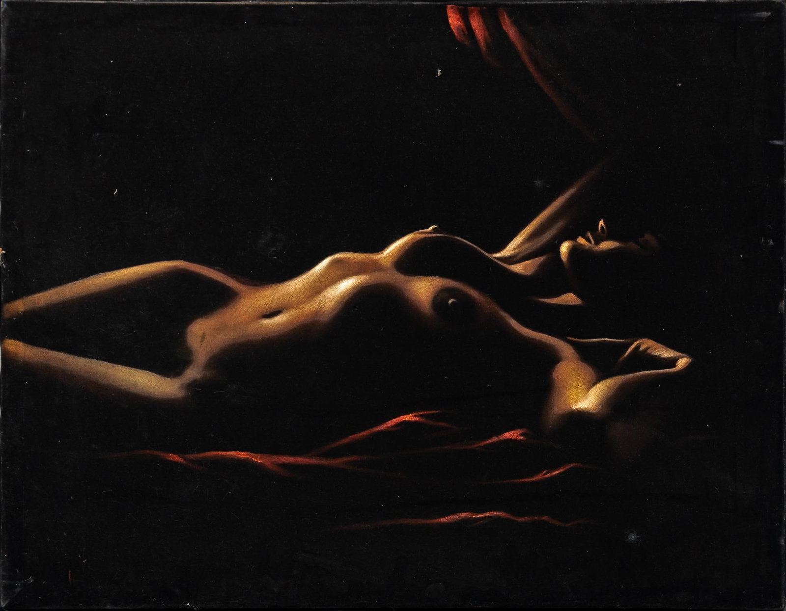 Gilbert Durán | Candlelit Nude: Gilbert Durán (San Antonio, Texas, 1947-2023), candlelit nude, not dated, painted on black velvet size: 36 x 27 in. Provenance: Property from the Southtown San Antonio, Texas studio of noted ar