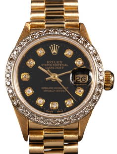 Rolex Presidential Datejust Diamond Bezel Watch: Rolex presidential datejust diamond bezel, 26 mm, black dial, diamond dial, diamond bezel, model 69178, serial number 6069652 Circumference: 7 in. Total weight: 60.7 g Provenance: Property