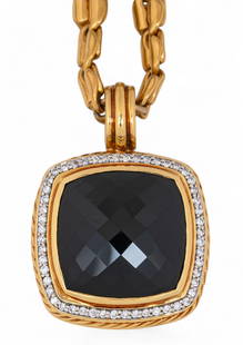 18K David Yurman Onyx and Diamond Pendant Necklace: 18K gold David Yurman onyx and diamond pendant necklace featuring square cut onyx pendant with diamond halo, on modified curb chain necklace, marked "750 D.Y" Chain length: 18 in. Pendant with