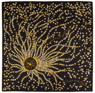 Hermes Dancing Pearls Silk Scarf: Hermes "Dancing Pearls" silk scarf, black, with graphic motif of strings of warm-toned pearls spilling across field, with gold trim Square 34.5 in. Condition AA; perfect condition, has