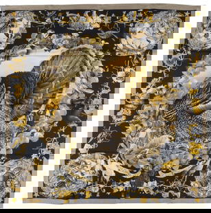 Kermit Oliver for Hermes Paris "Faune et Flore du Texas" Silk Scarf: Kermit Oliver (Texas, b. 1943) designing for Hermes Paris (France) "Faune et Flore du Texas" silk scarf, black with shades of yellow, featuring graphic motifs of Texan flora and fauna