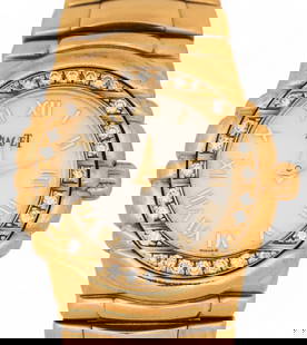 14K Piaget Diamond Bezel Watch: 14K gold Piaget diamond bezel watch, 26 mm, roman numerals, diamond bezel, marked "Piaget Quartz 16133 M 411 D 623245", quartz movement Circumference: 7.5 in. Total weight: 89.5 g 