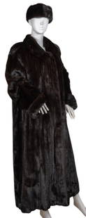 Full Length Mink Coat and Hat: Full length mahogany brown mink fur coat, with notched collar, banded sleeve cuffs, three hook closures, two slit pockets, full lining, and monogrammed initials inside, includes matching hat 