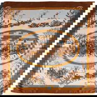 Hermes Paris L'Hiver en Poste: Phillipe Ledoux (France) designing for Hermes, "L'Hiver en Poste" (idiomatically, winter through the mail) silk scarf, featuring the historic Bull and Mouth Inn and post office, winter