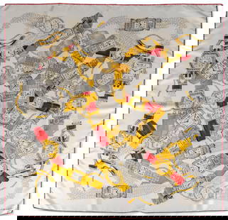 Cartier Must de Cartier Silk Scarf: Cartier "Must de Cartier" silk scarf, white, featuring graphic motifs of Cartier watches, with red trim Condition A; excellent condition, shows little signs of wear Provenance: