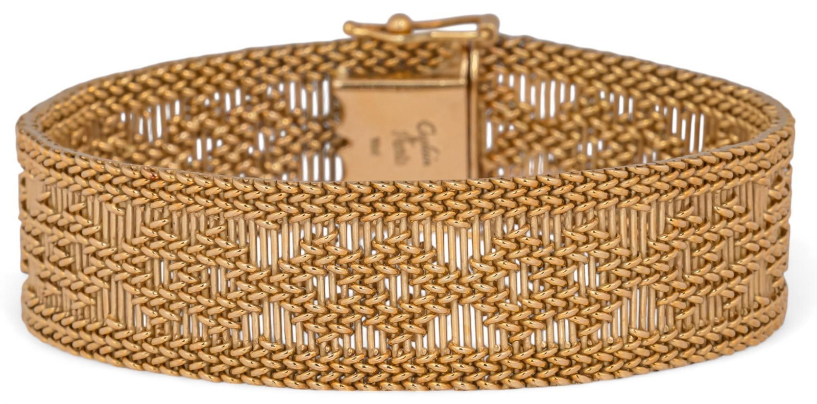 Caplain Paris 18K Woven Bracelet: Caplain Paris 18K gold woven bracelet with box clasp, marked "Caplain Paris 750" Circumference: 6.55 in. Total weight: 31.7 g Provenance: Property from the collection of a San Antonio, Texas lady