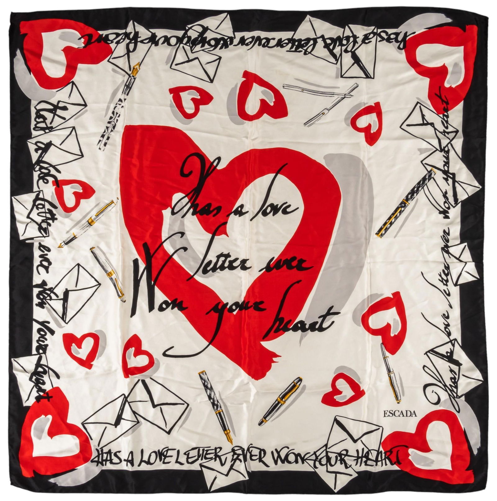 Escada Love Letter Silk Scarf: Escada love letter scarf, white, with graphic motifs featuring red hearts, letters, and ink pens, with "Has a love letter ever won your heart" messaging throughout, and black border Square 3
