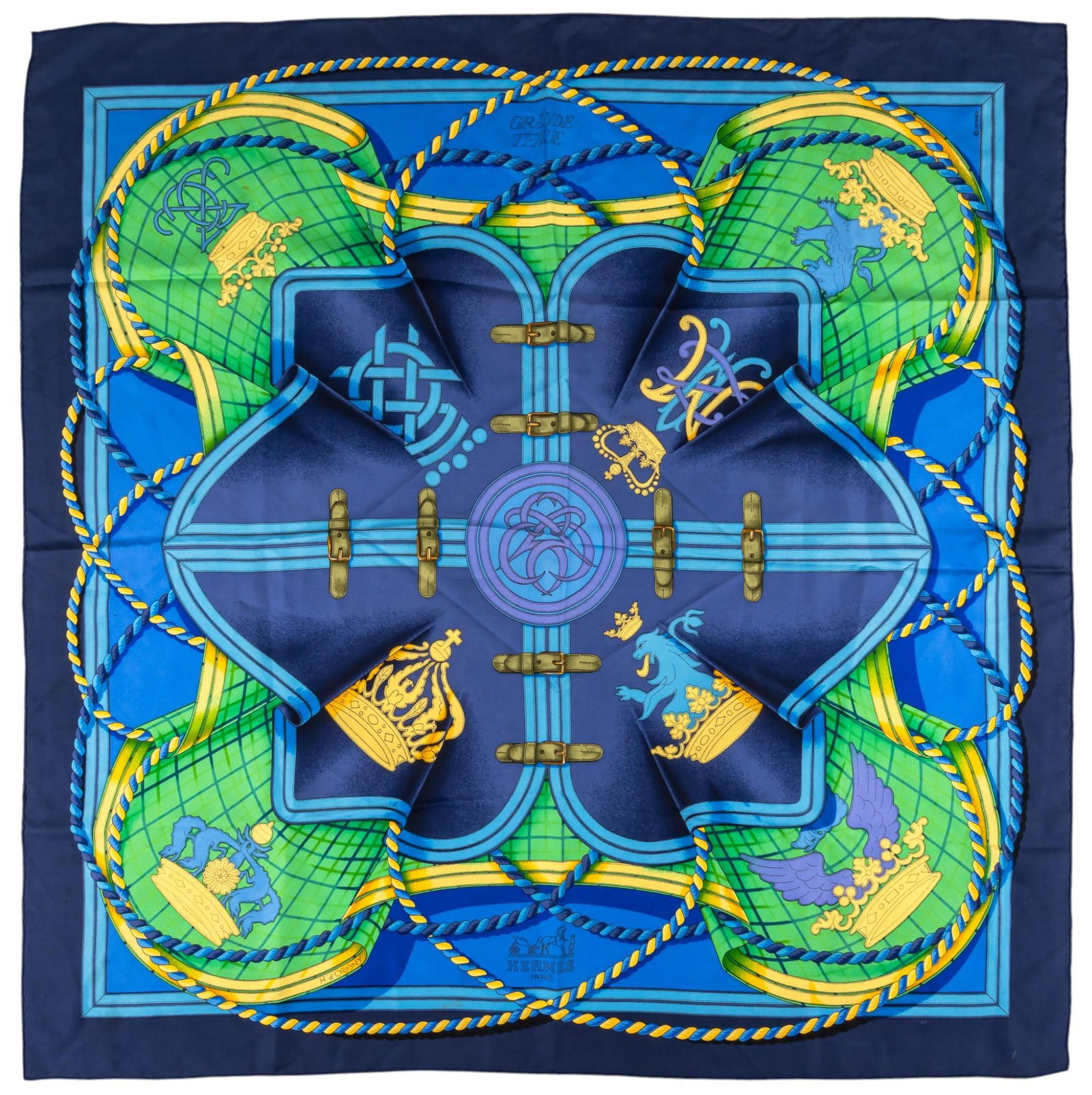 Hermes Grande Tenue Silk Scarf: Hermes "Grande Tenue" (Great Outfit) silk scarf, navy blue, bright blue, bright green, and yellow, featuring graphic motifs including crowns, and dual-toned twisted ropes, with dark navy blue