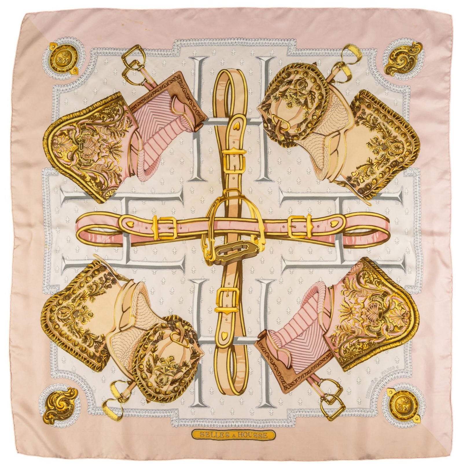 Hermes Salles a Housse Silk Scarf: Hermes "Salles a Housse" (covered rooms) silk scarf, pink and white, featuring graphic equestrian motifs, including saddles and harnesses, with scrolled yellow and gold flourishes throughout Square