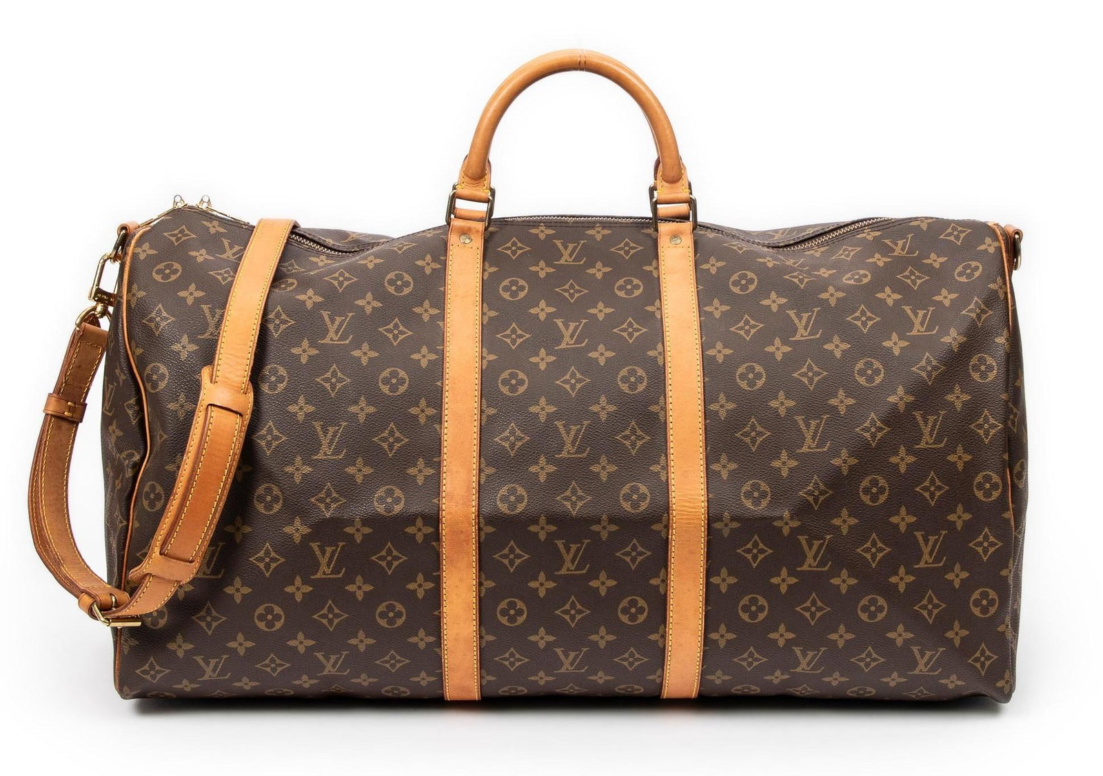 Louis Vuitton Keepall Bandouliere 60: Louis Vuitton Keepall Bandouliere 60 travel bag of brown monogram canvas with vachetta handles, and golden brass hardware, includes strap; marked VI0932 (March 1992) 24 in. x 10 in. x 12 in. Condition