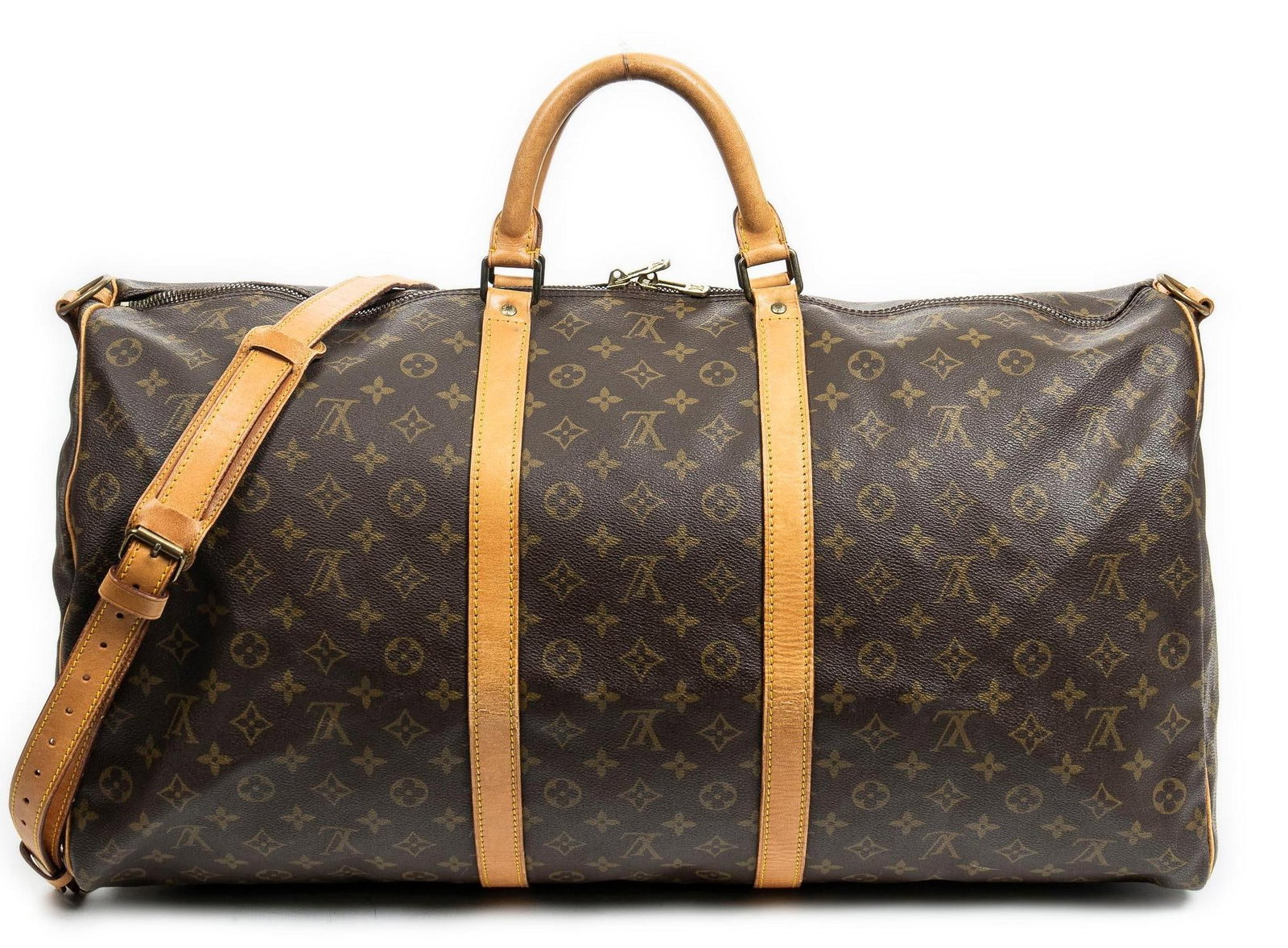 Louis Vuitton (FRA) Keepall Bandouliere: Louis Vuitton Keepall Bandouliere travel bag of brown monogram canvas, with vachetta handles, and golden brass hardware, includes strap, luggage tag, handle strap, cadenas, and keys, marked 853SD (Mar