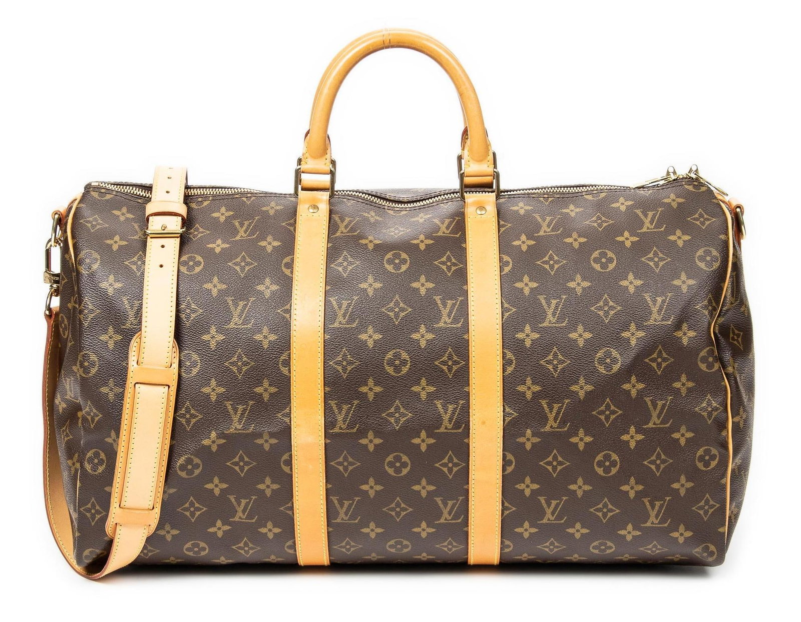 Louis Vuitton (FRA) Keepall Bandouliere: Louis Vuitton (France) Keepall Bandeouliere travel bag of brown monogram canvas with vachetta handles, and golden brass hardware, includes strap; TH0947 (April 1997) 20 in. x 10 in. x 9 in. Condition 