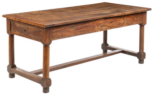 French Farmhouse Table: French farmhouse table with wooden frame, oversize top over apron, supported on tubular legs with H-frame stretcher height 29 in. x width 67 in. x depth 52 in.