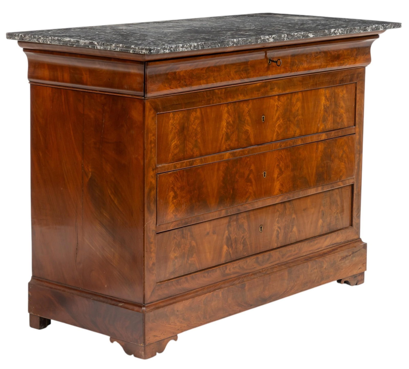 Louis Philippe Style Dresser: Louis Philippe style wooden dresser with oversize gray marble top above frieze drawer with key lock, above stack of three flush drawers, supported on plinth base, circa mid-19th century height 38 in. 