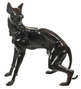 Lifesize Bronze Greyhound: Lifesize bronze greyhound, decorative statue height 40 in. x width 24 in. x depth 36 in.