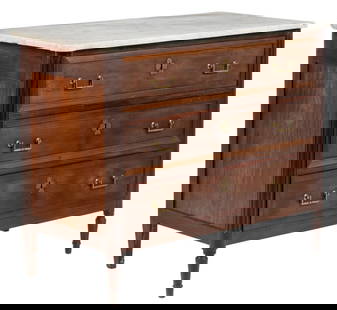 Louis XVI Style Chest of Drawers: Louis XVI style chest of drawers with marble top above stack of three drawers with clover-shaped escutcheon, and gold-toned metal bar pulls, supported on turned front legs, circa 19th century 
