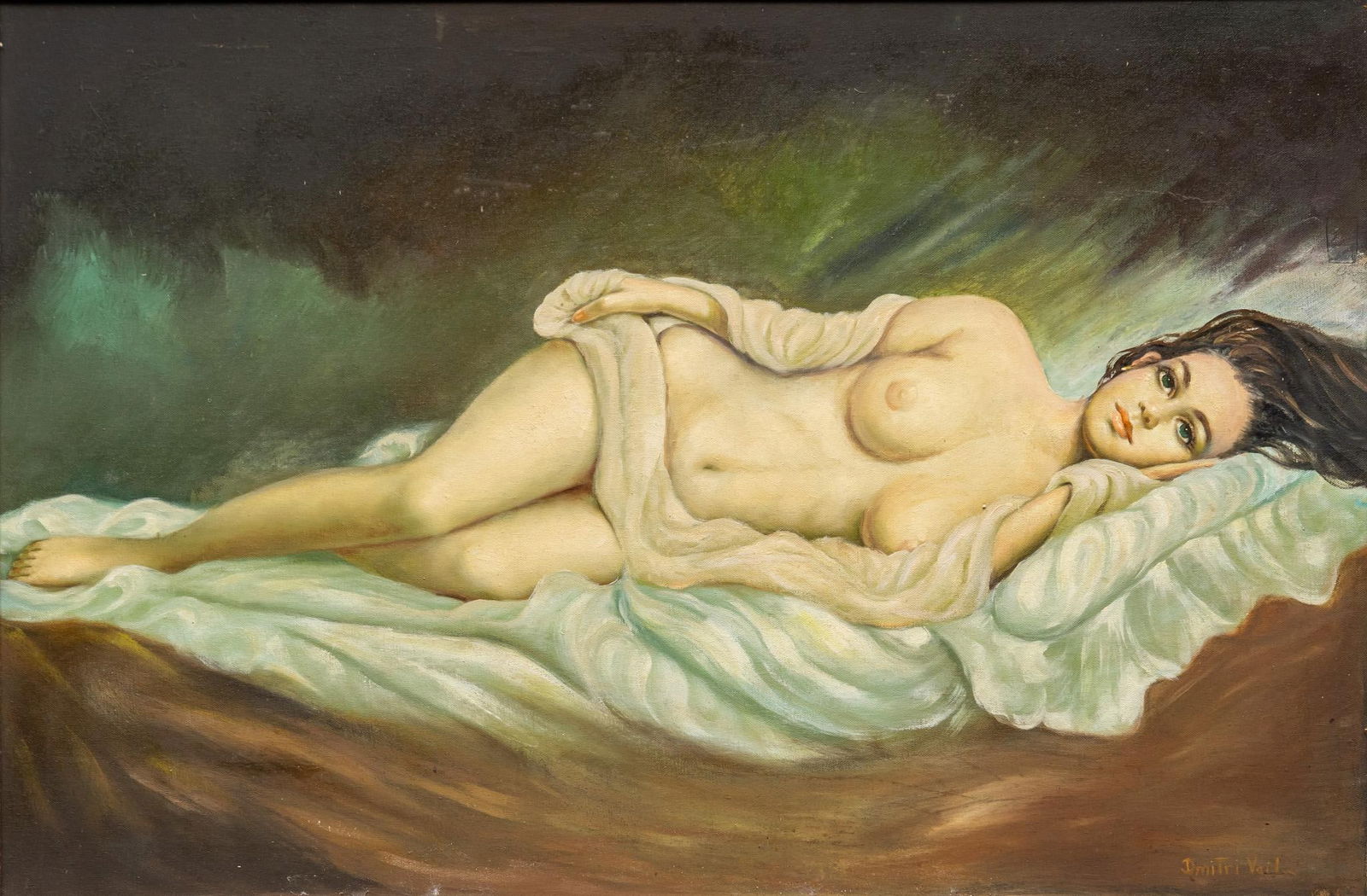 Dimitri Vail, Reclining Nude: Dimitri Vail (Texas, 1903-1991), reclining female nude, circa 1980s, purportedly private commission by a Dallas surgeon depicting his wife, oil on canvas sight: 24 x 36 in., frame: 32 x 44.5 in. Pro