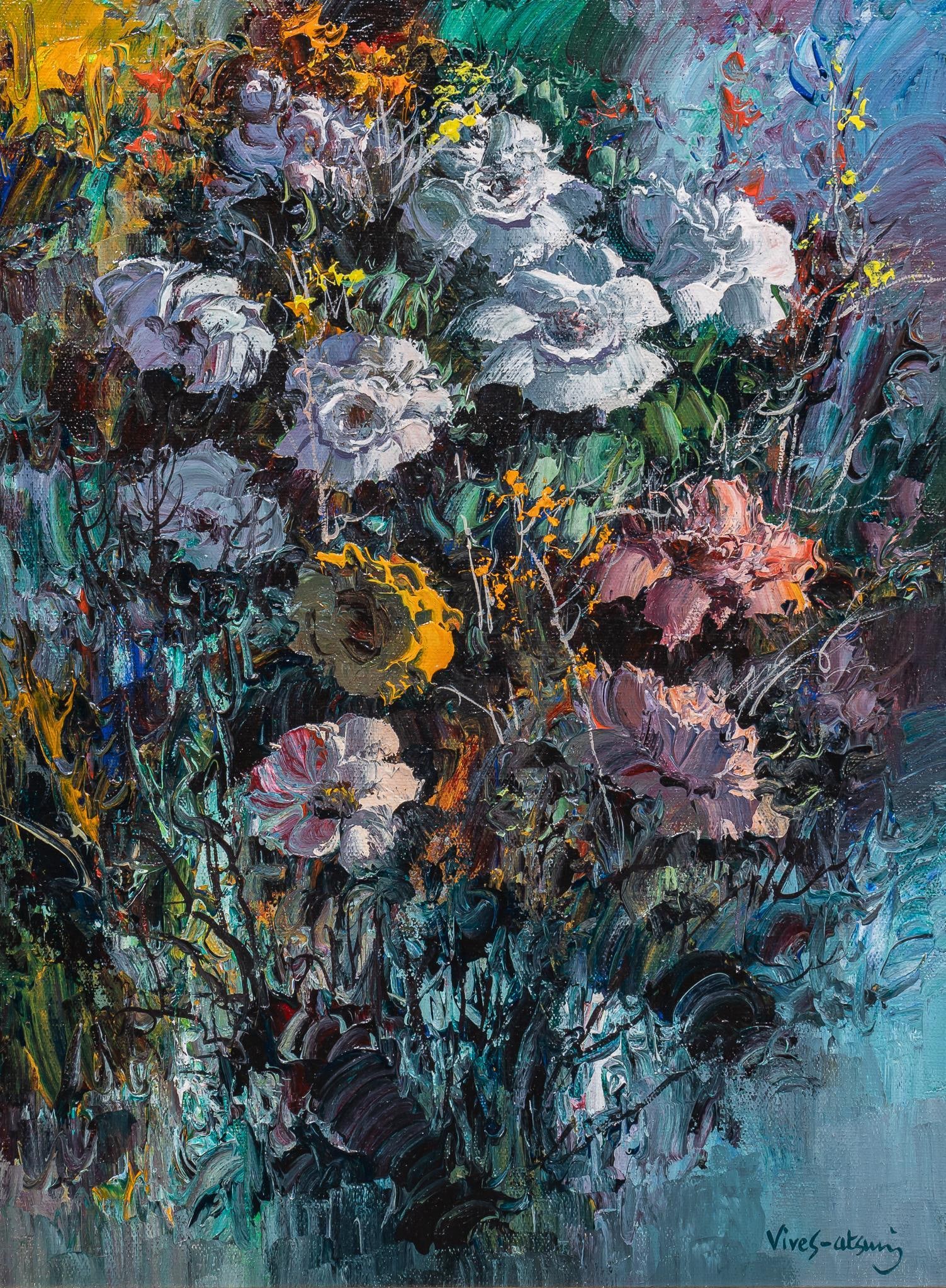 Jose Vives-Atsara, "Flowers", 1980: Jose Vives-Atsara (Spain / San Antonio, Texas, 1919-2004), "Flowers", 1980, oil on canvas, with "Christmas" added by the artist to inscription in different pen sight: 16 x 12 in., fra