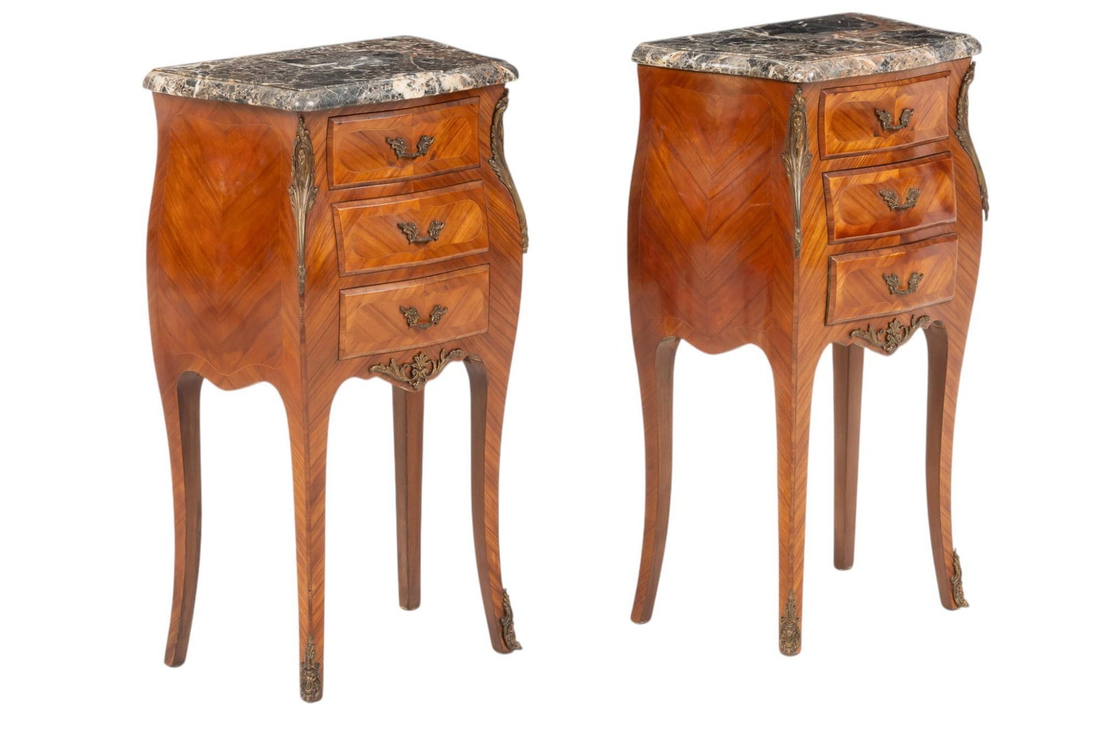 Pair of Louis XV Style Marble Nightstands: Pair of Louis XV style nightstands, each having marble top and bombe shaped case fitted with three dovetailed drawers, metal pulls, rising on cabriole legs with metal accents on feet height 29 in. x w