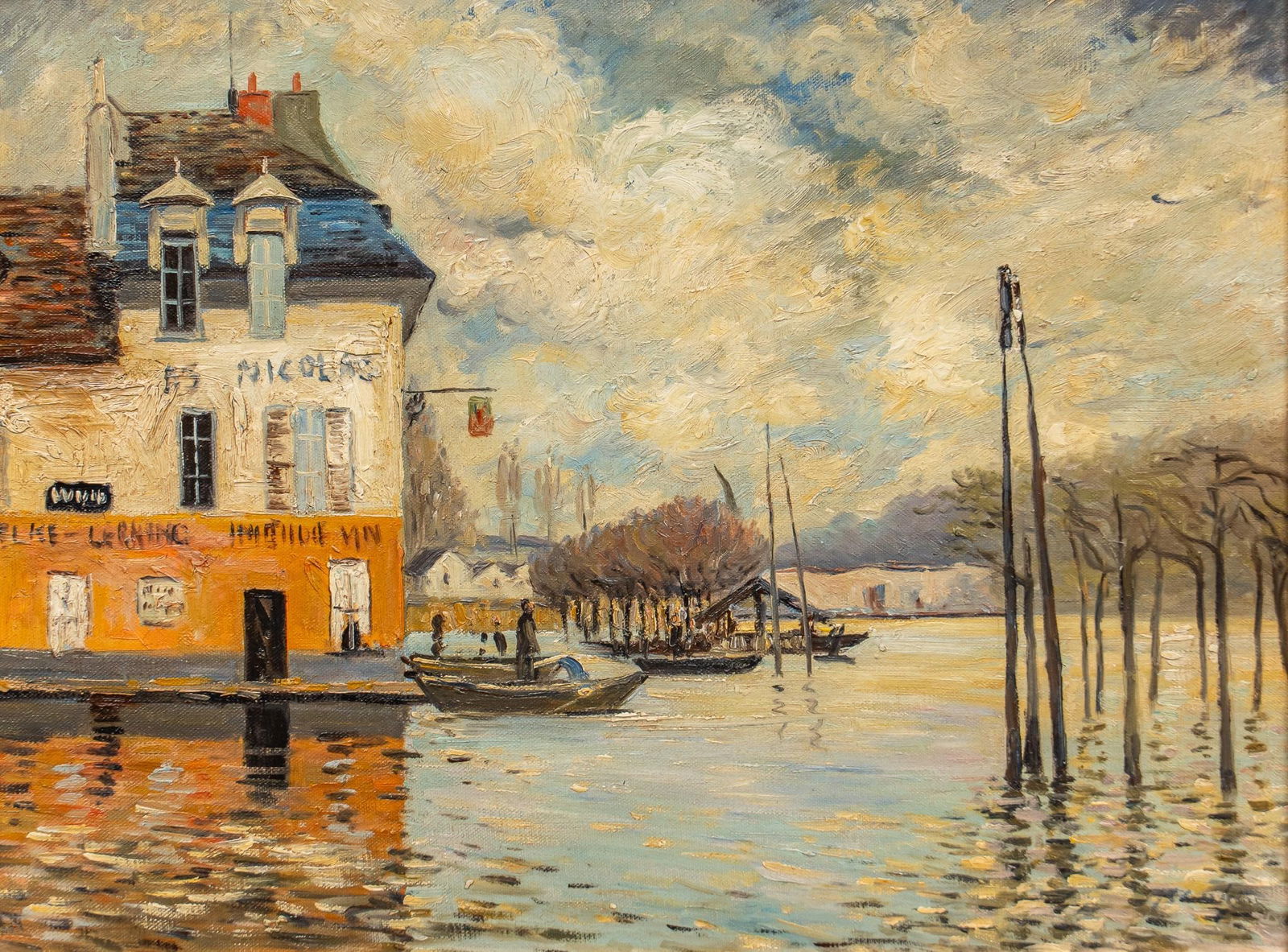 After Alfred Sisley, "Flood at Pont-Marly": After Alfred Sisley (1839-1899, France), "Flood at Pont-Marly", oil on canvas sight: 12 x 16 in., frame: 17.5 x 21.5 in. Provenance: Property from the collection of a Plano, Texas lady