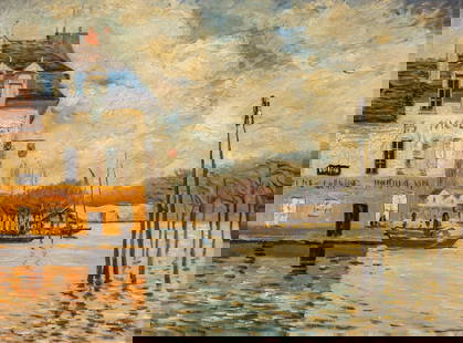 After Alfred Sisley, "Flood at Pont-Marly": After Alfred Sisley (1839-1899, France), "Flood at Pont-Marly", oil on canvas sight: 12 x 16 in., frame: 17.5 x 21.5 in. Provenance: Property from the collection of a Plano, Texas lady