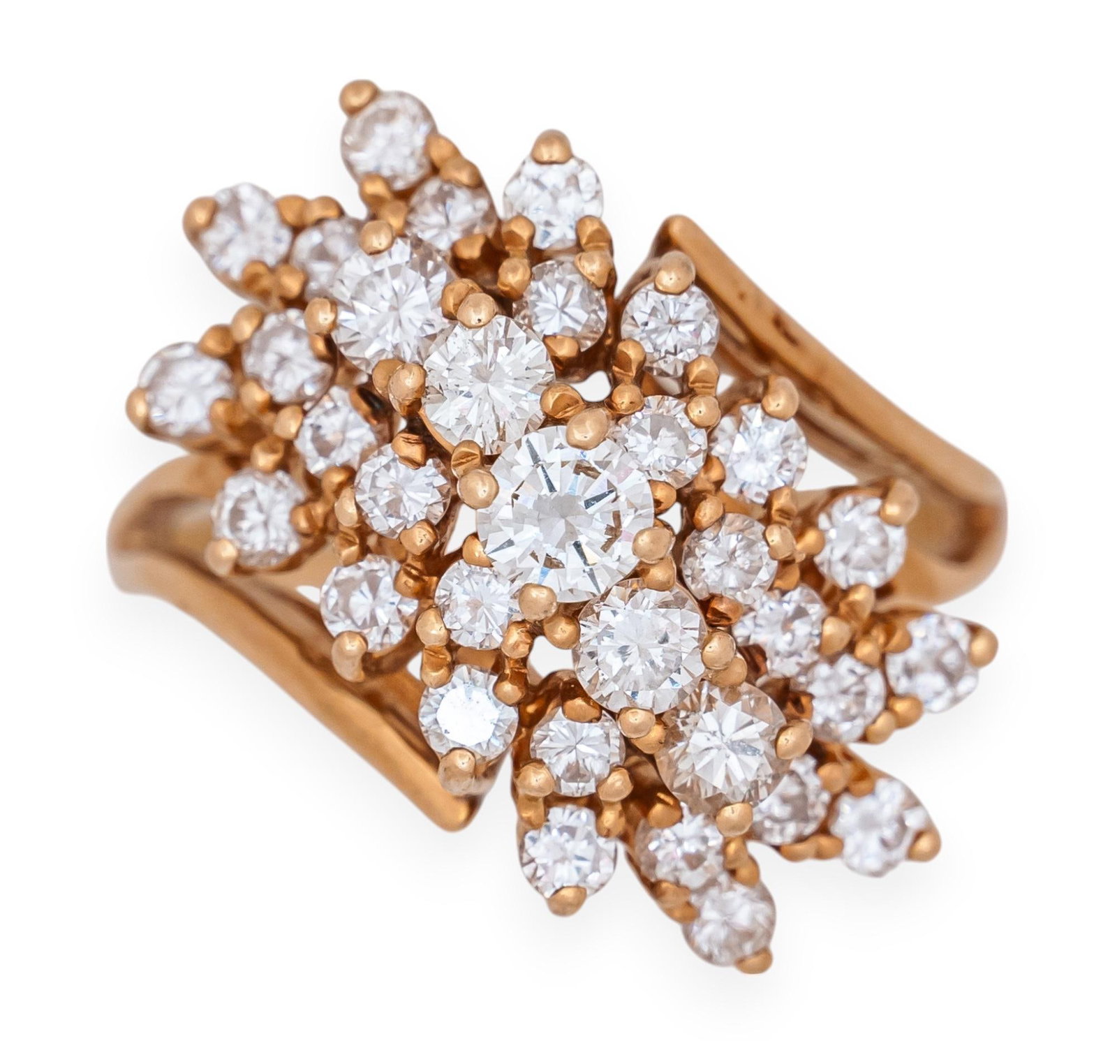 14K Diamond Array Ring: 14K gold diamond array ring featuring 35 inlaid diamonds (approx. 2.1 ctw), size 8, unmarked Total weight: 7.9 g
