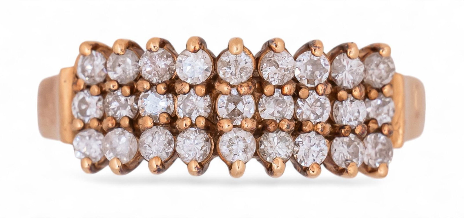 14K Diamond Array Ring: 14K diamond array ring featuring twenty seven diamonds (approx. .81 ctw) in array pattern, size 7.5, marked "14K" Total weight: 3.5 g Provenance: Property from a home in the Fair Oaks Ranch ne