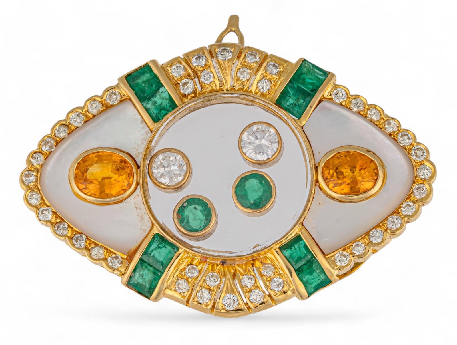 18K Emerald, Diamond and Topaz Pendant: 18k gold emerald, diamond and topaz pendant, oval pendant with glass center and floating diamonds and emeralds, mother of pearl inlay with inlaid yellow topaz and emeralds, surrounded by row of diamon