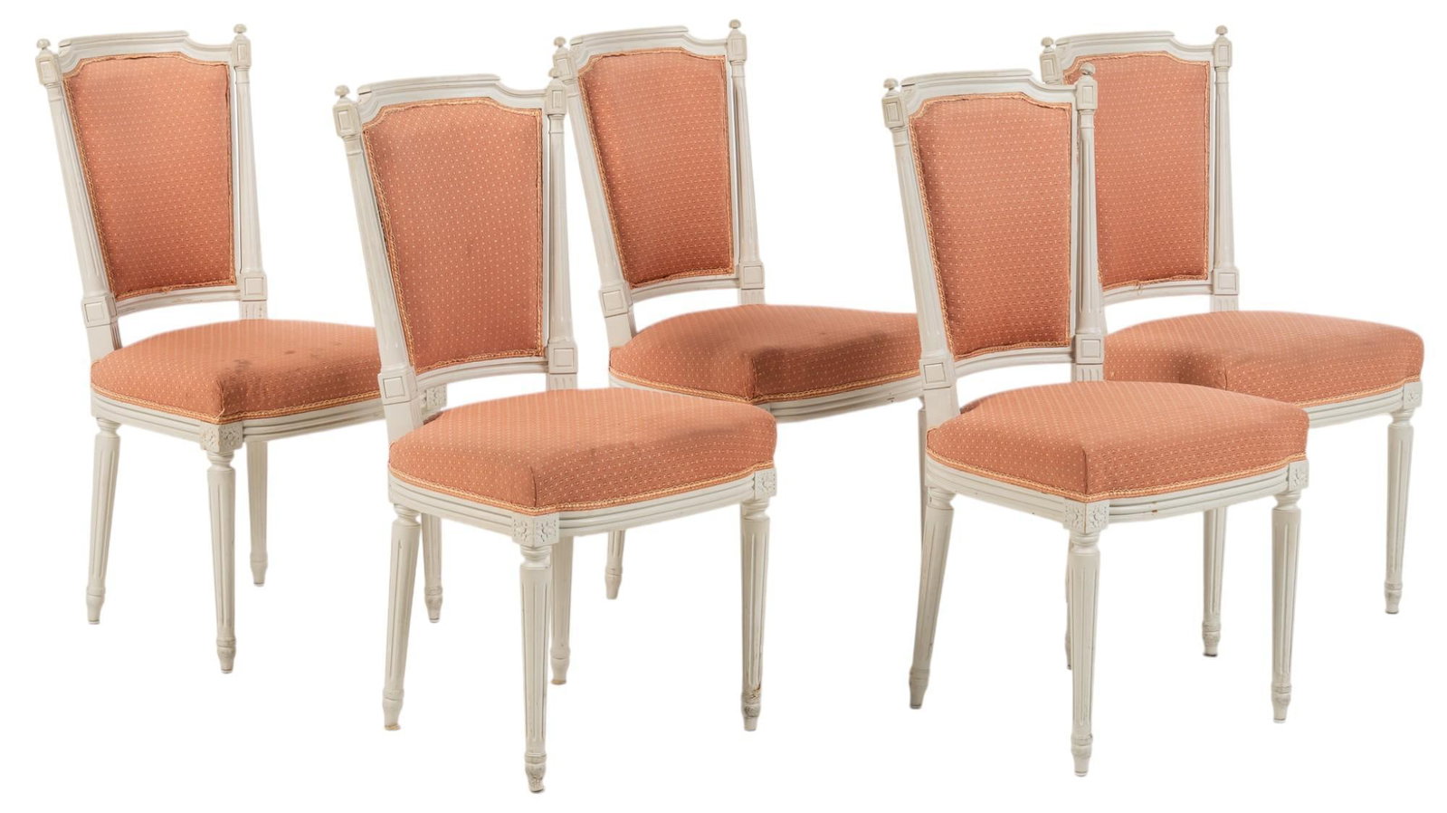 Set of (5) Louis XVI Style Chairs: Set of five Louis XVI style chairs, with painted wooden frame with fluted detailing, and cushioned backrest and seat clad in light red fabric upholstery, supported on turned fluted legs height 37 in. 