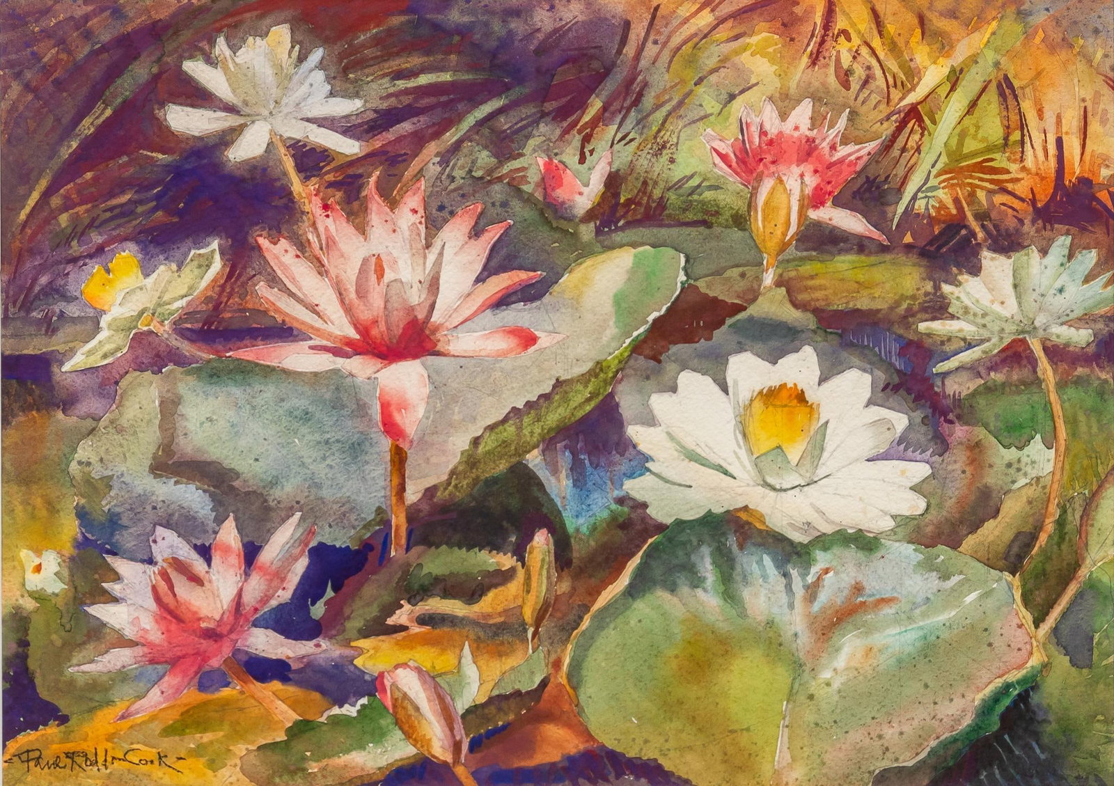 Paul Rodda Cook, Waterlillies Scene: Paul Rodda Cook (Texas, 1897-1972), waterlillie scene, watercolor on paper, signed sight: 16 x 22 in., frame: 28 x 34 in. Provenance: Property from the collection of a College Station, Texas lady