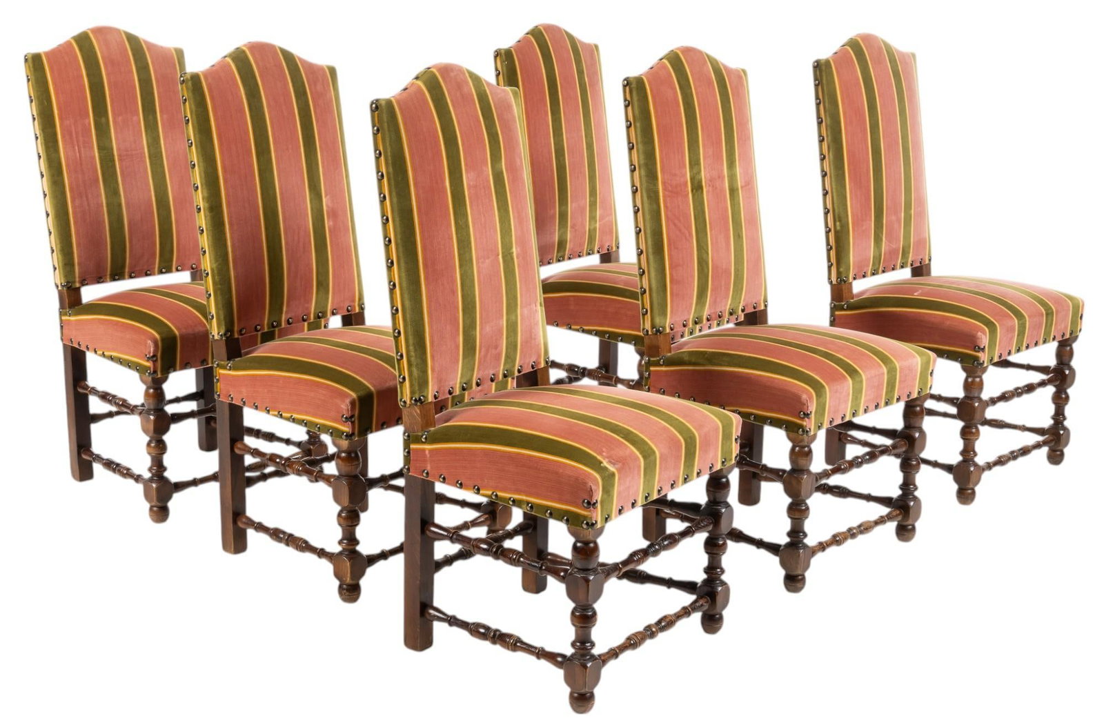 (6) Louis XIII Style Chairs: Set of six Louis XVIII style dining chairs, having wooden frames clad in striped fabric upholstery, fixed to frame with metal rivets, supported in turned legs with turned stretchers height 44 in. x wi