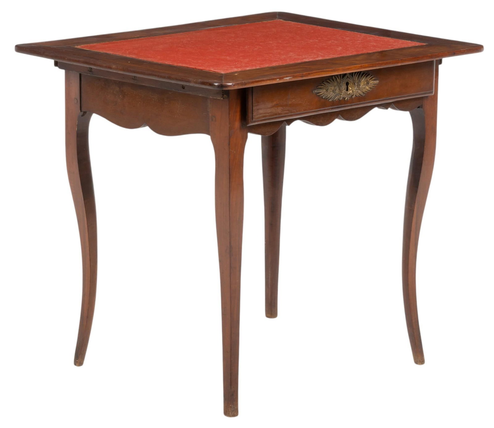 Louis XV Style Table Desk: Louis XV style wooden desk table with oversize top having red felt lining, and single drawer with metal escutcheon, and dovetail construction, rising on saber legs height 28 in. x width 32 in. x depth